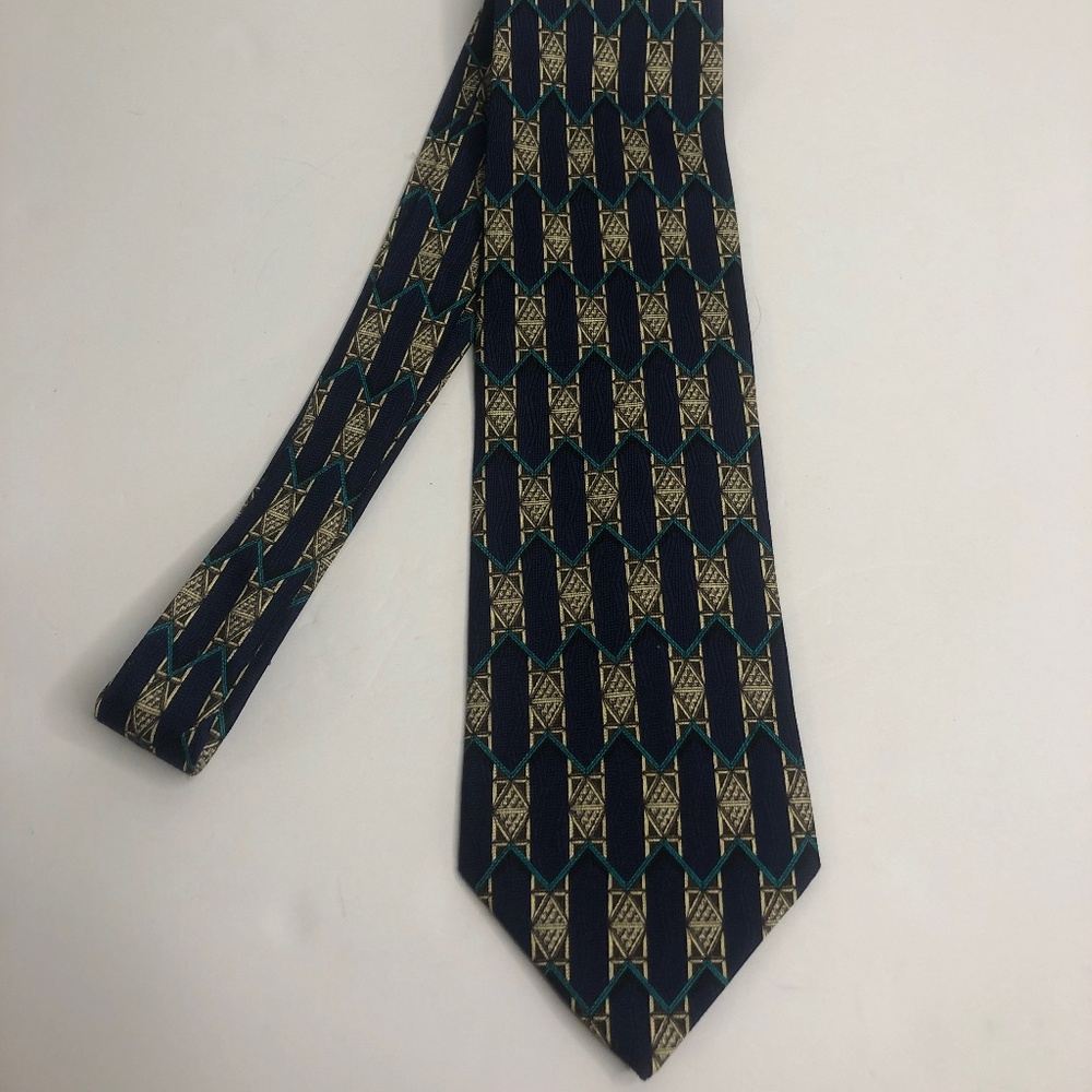 Valentino Cravatte Collection Dark Blue Multicolor Geometric Print Silk Tie IT